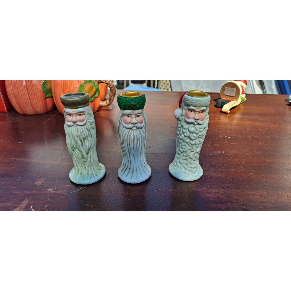 3- Vintage Porcelain PRIMITIVE SANTA Possible Dreams Taper Candlestick Holder